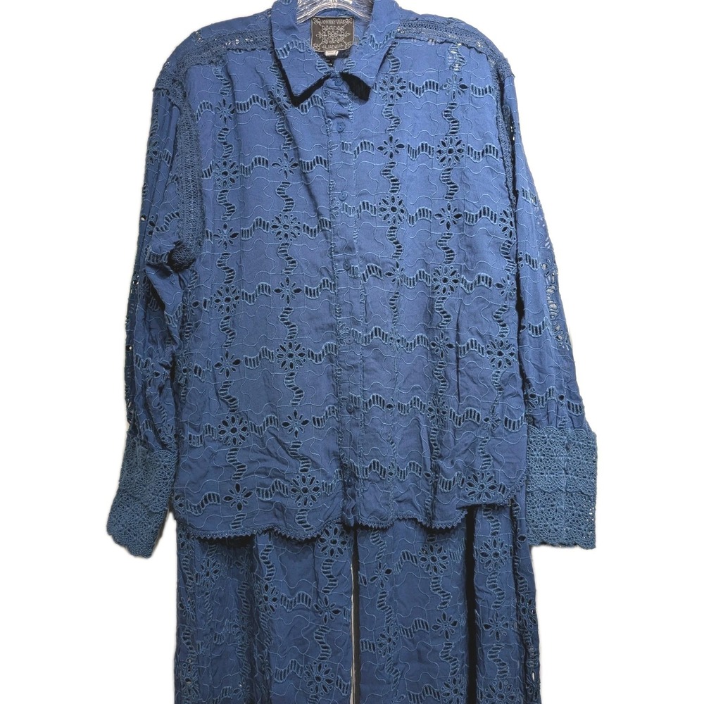 Johnny Was Jade Shirt Pant Set Women M Blue Eyelet Wide Leg 2 Pc. Boho Pristine!